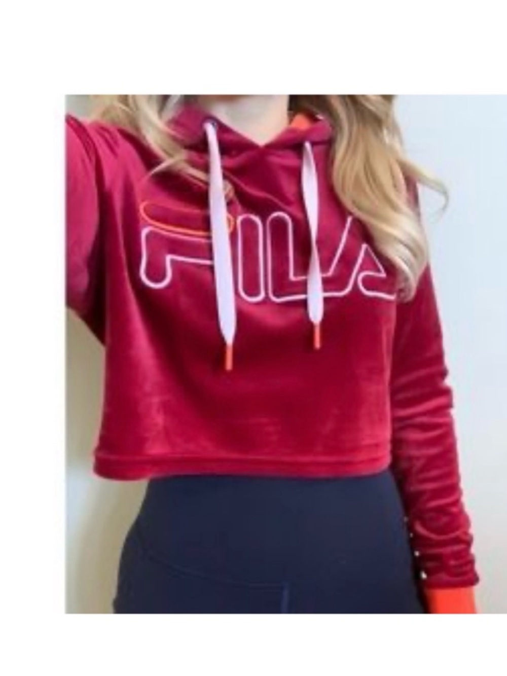 FILA Red Orange White Velour Cropped Hoodie Y2K Sporty Logo Sweatshirt Small